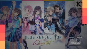 Imagem de divulgação de Blue Reflection Quartet com personagens da franquia e atmosfera azul