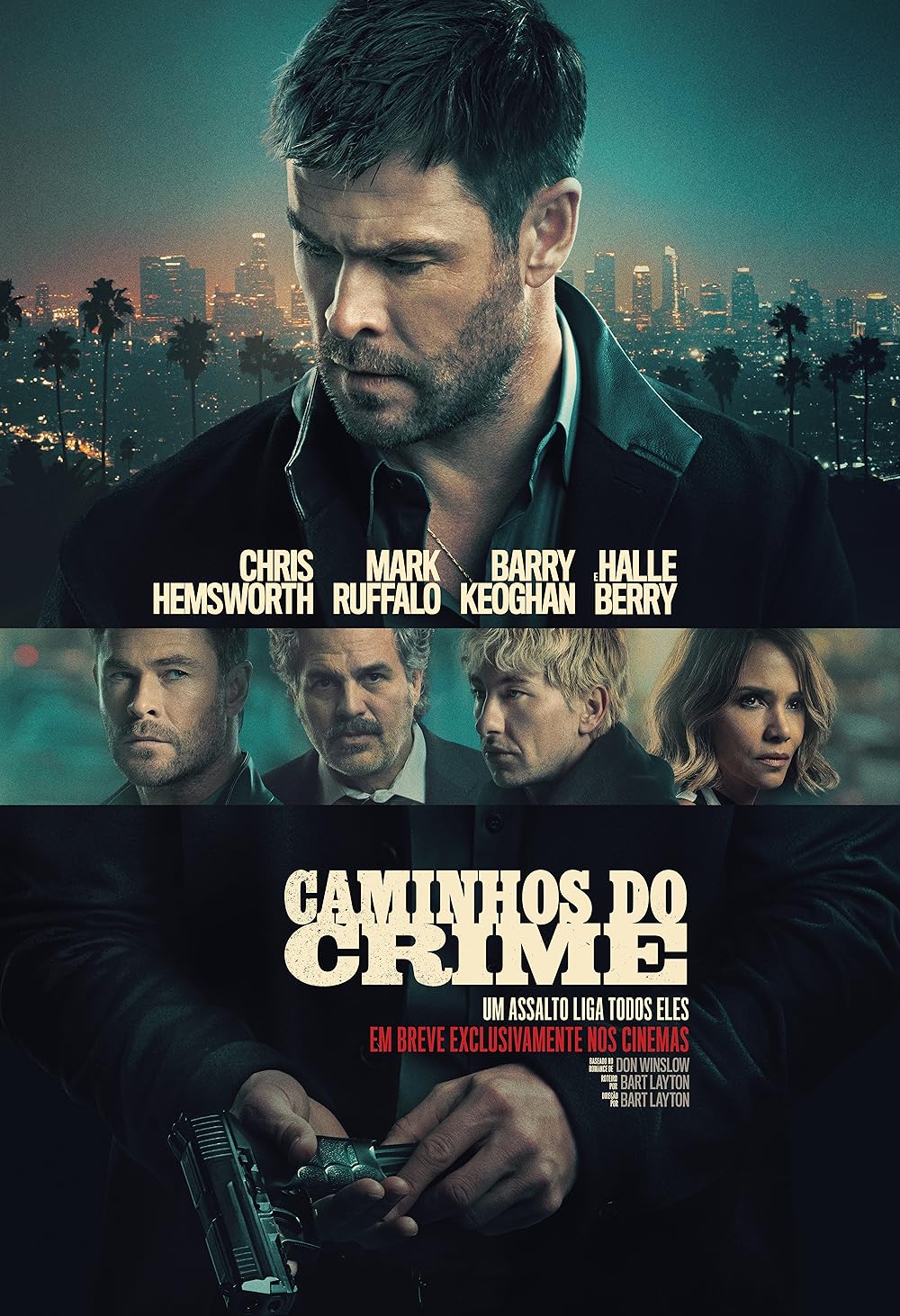 Chris Hemsworth e Mark Ruffalo se encarando em uma cena tensa e urbana do filme policial Caminhos do Crime.
