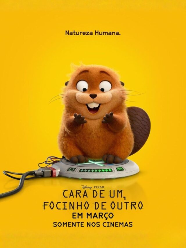 Mabel em sua forma de castor robô liderando um grupo carismático de animais da floresta na animação Cara de Um, Focinho de Outro da Pixar.