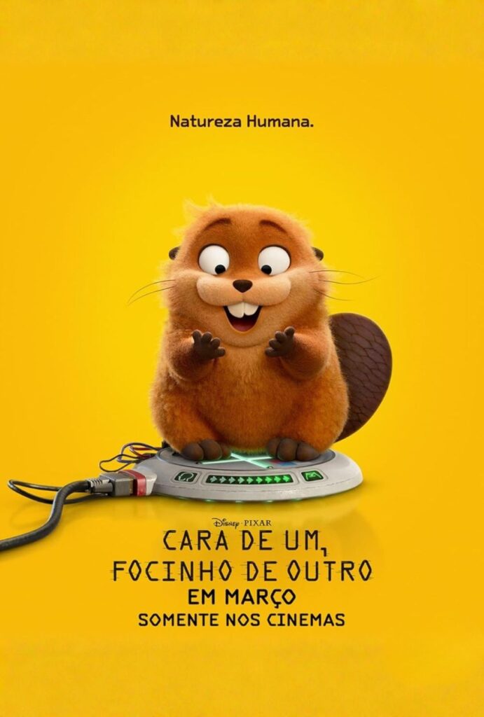 Mabel em sua forma de castor robô liderando um grupo carismático de animais da floresta na animação Cara de Um, Focinho de Outro da Pixar.