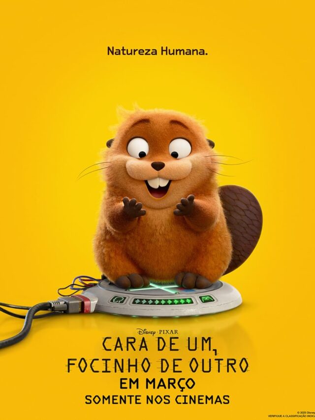 Mabel em sua forma de castor robô liderando um grupo carismático de animais da floresta na animação Cara de Um, Focinho de Outro da Pixar.