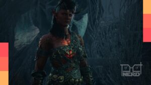 Ilustração de um jogador olhando para créditos finais, com um vazio no fundo e detalhes de RPG ao redor