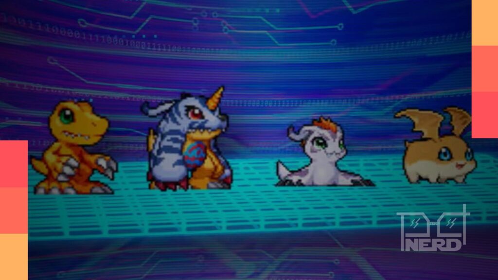 Imagem ilustrativa do anúncio do jogo mobile Digimon Up, com visual de Digimon evoluindo