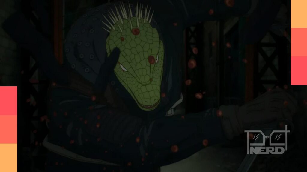 Arte promocional de Dorohedoro mostrando Caiman e Nikaido, anúncio da segunda temporada na Crunchyroll