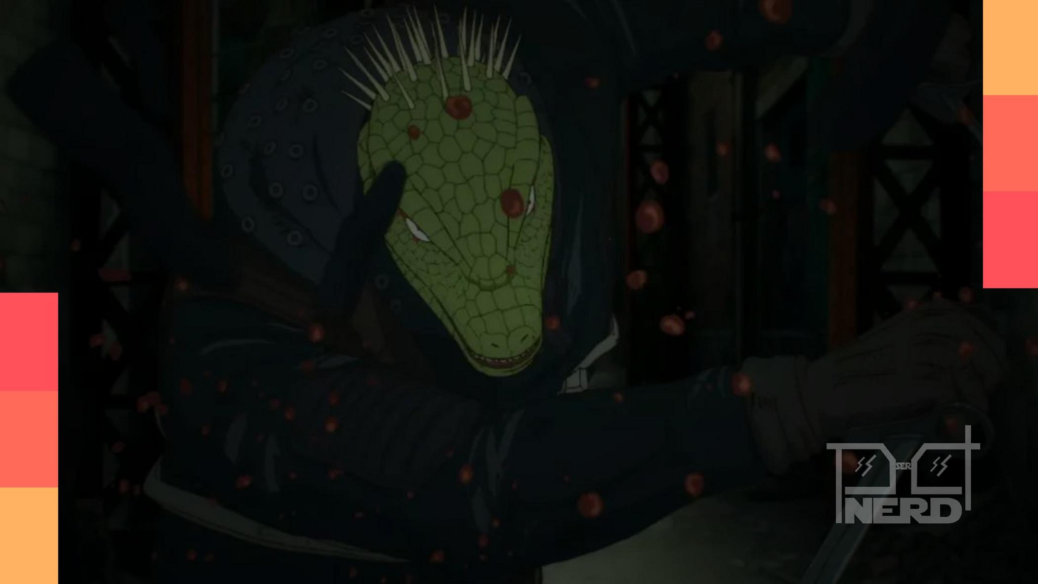 Arte promocional de Dorohedoro mostrando Caiman e Nikaido, anúncio da segunda temporada na Crunchyroll