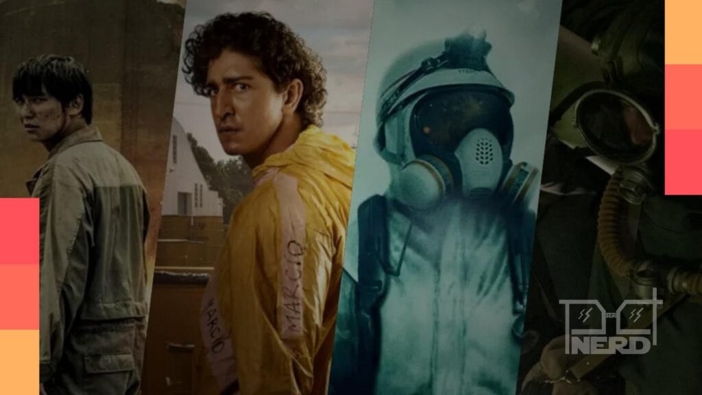 Ilustração de uma emergência nuclear com alerta radiativo e silhuetas de personagens maratonandoalt