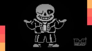 Ilustração com Toby Fox e a tela de Undertale com aviso sobre falta de localização