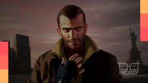 Ilustração com GTA 4 beta e ícone do Xbox 360 com o logo da Rockstar