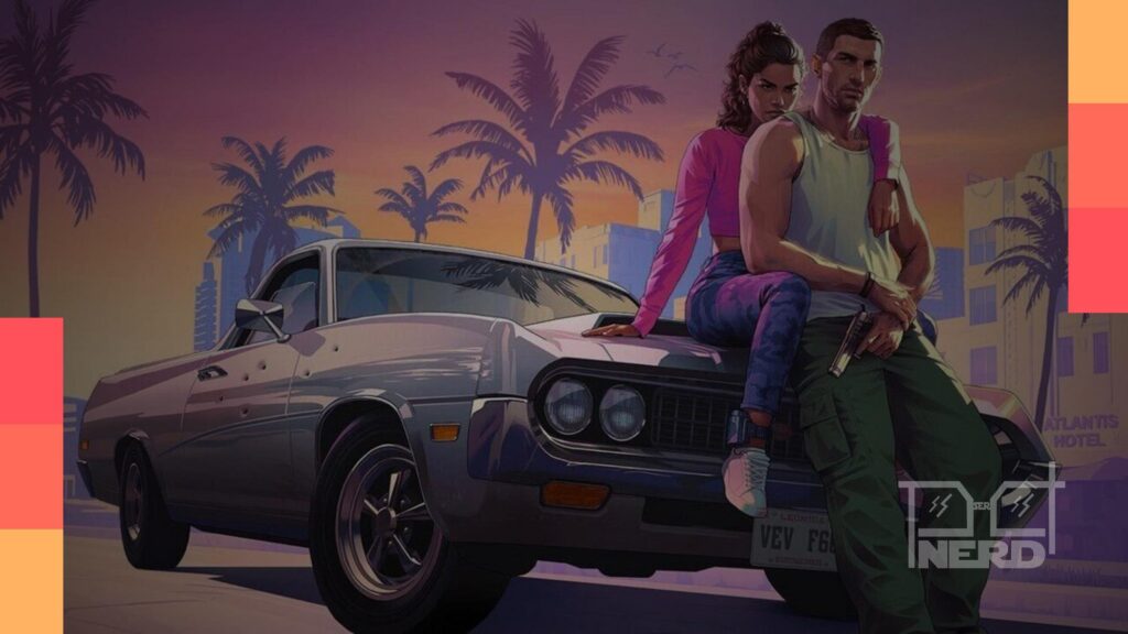 Ilustração inspirada em GTA 6 com silhueta de jogador e clima de grande anúncio da Rockstar