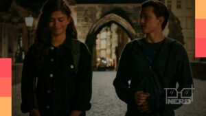 Ilustração do Homem-Aranha com alerta nos bastidores do filme e elementos de produção cinematográfica.alt