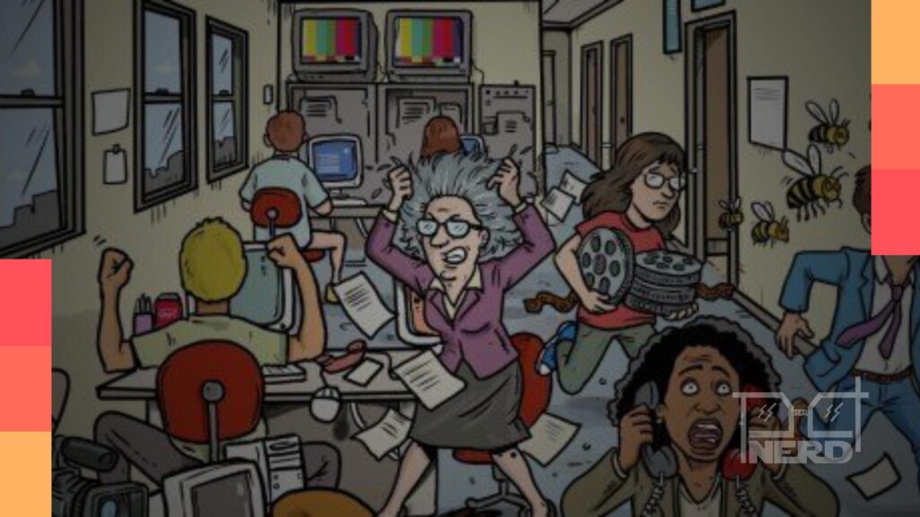 Ilustração da capa de “Isto a TV não mostra”, sugerindo caos divertido na redação e clima de crônicas televisivasalt