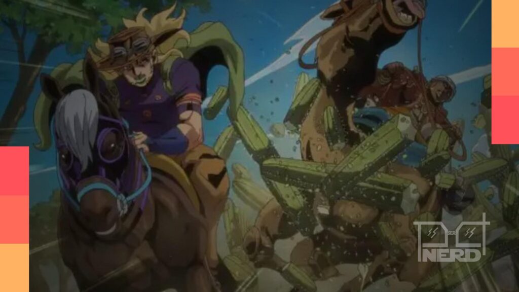 Cena de Steel Ball Run com estilo dramático de JoJo, sugerindo ação e dificuldade de animação