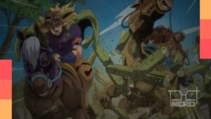 Cena de Steel Ball Run com estilo dramático de JoJo, sugerindo ação e dificuldade de animação