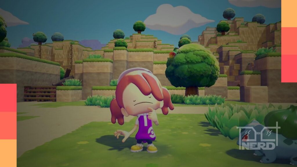 Cena de Pokémon Pokopia mostrando terra seca que fica verde após a chuva
