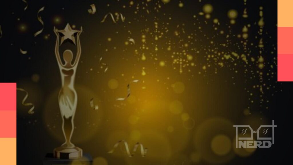 Ilustração geek com estatueta de premiação e três ícones de filme e série representando Mickey 17, Severance e Frankensteinalt