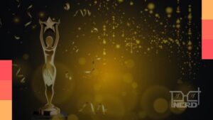 Ilustração geek com estatueta de premiação e três ícones de filme e série representando Mickey 17, Severance e Frankensteinalt