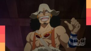 Usopp com o estandarte e postura de guerreiro em Elbaf, mirando com sua estatura confiante