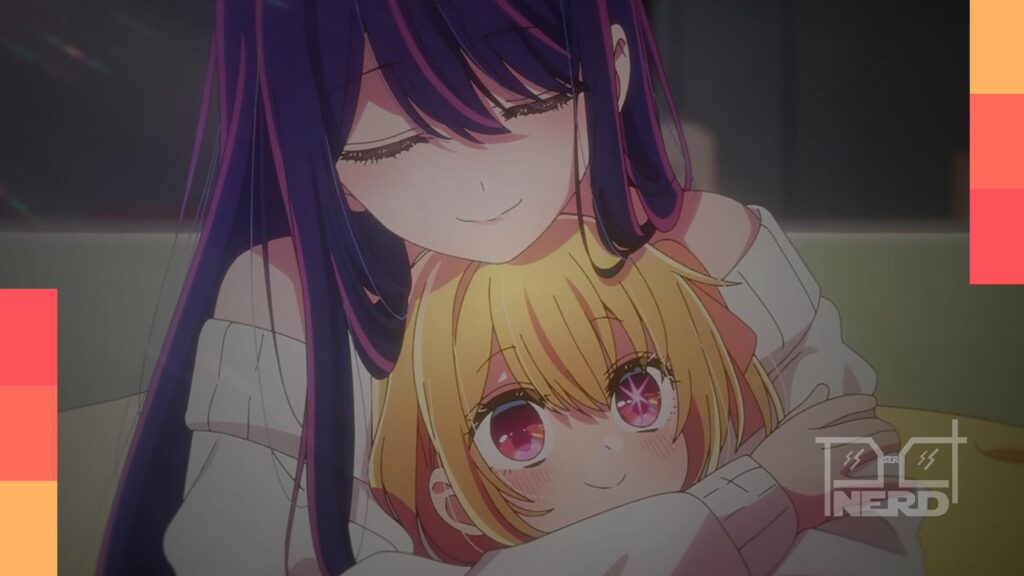 Pôster da quarta temporada de Oshi no Ko com Ruby e Aqua em destaque e Ai ao fundo segurando uma fantasia de coelho.