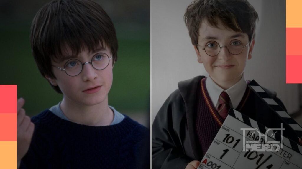 Dominic McLaughlin como Harry Potter entrando no estádio de Quadribol em Hogwarts na nova série da HBOalt