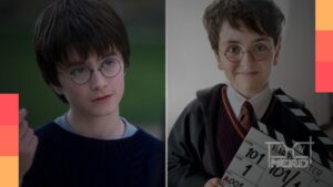 Dominic McLaughlin como Harry Potter entrando no estádio de Quadribol em Hogwarts na nova série da HBOalt