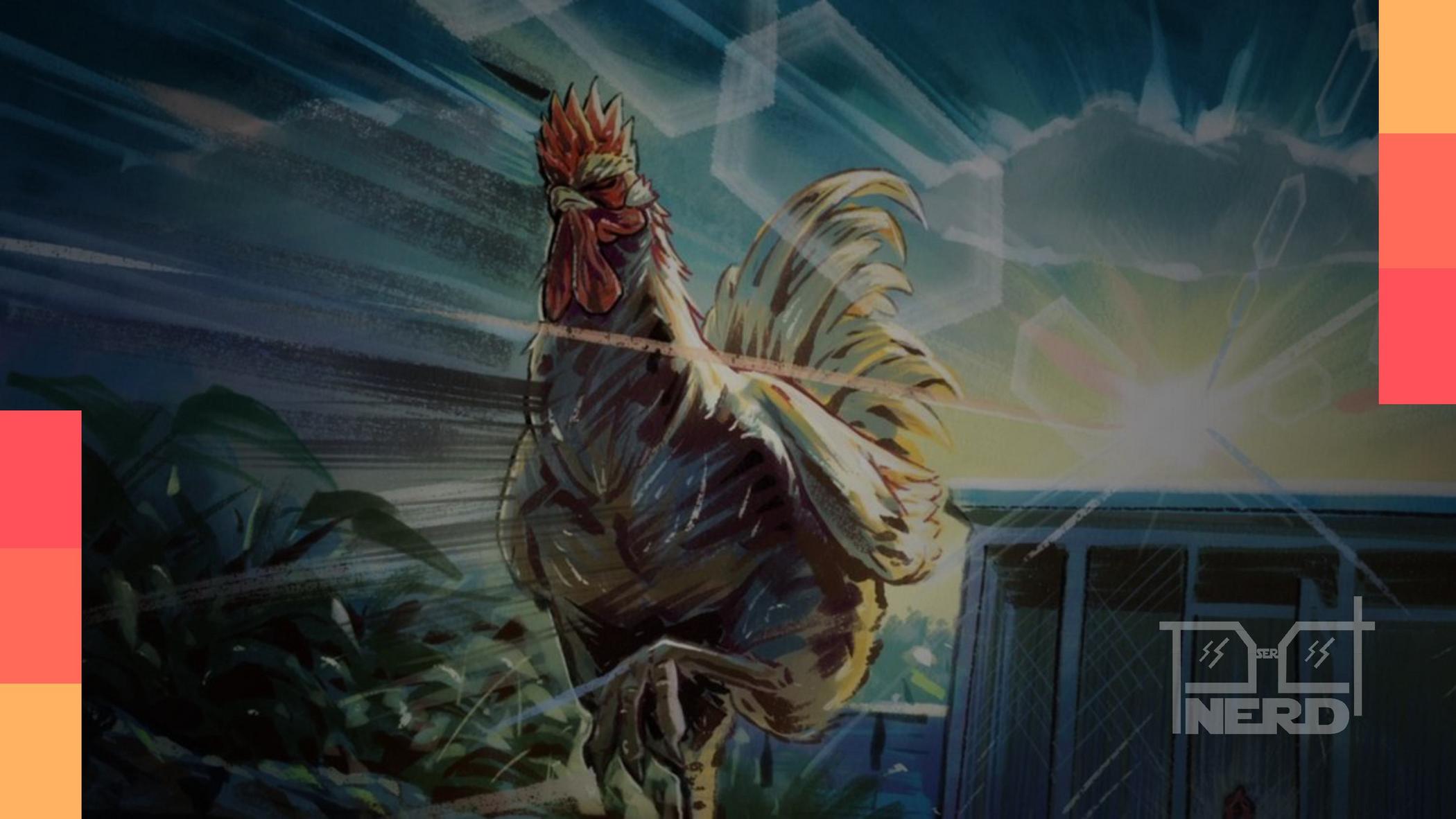 Pôster de Rooster Fighter destacando um galo guerreiro em clima de ação e caos