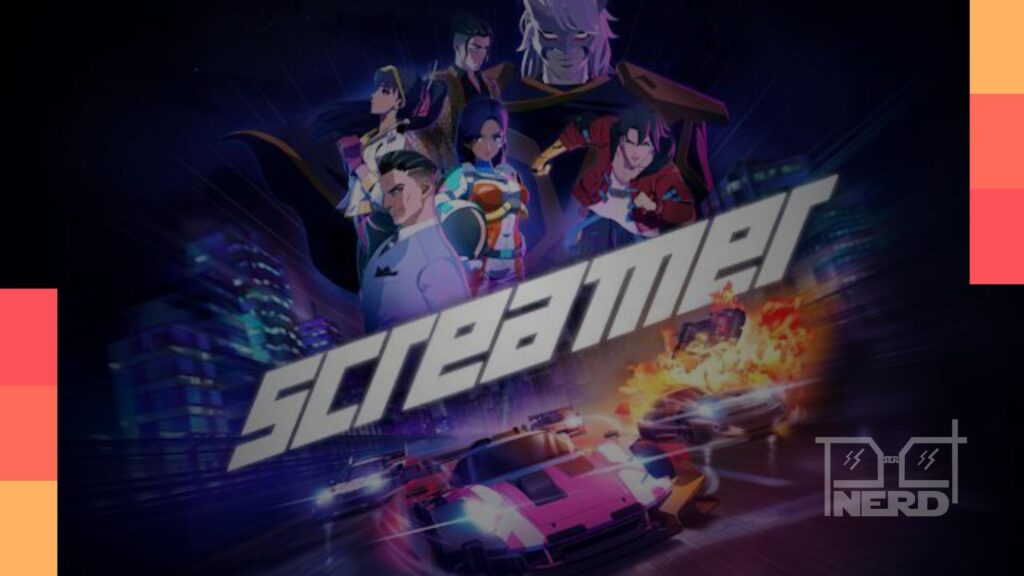 Carro em alta velocidade durante uma corrida com estética de anime no jogo Screamer