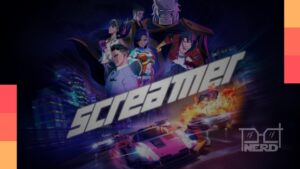 Carro em alta velocidade durante uma corrida com estética de anime no jogo Screamer