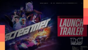 Imagem do jogo Screamer com visual anime e carro em alta velocidade no cenário de corrida