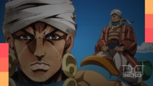 Imagem com estética de JoJo mostrando Johnny Joestar e uma previsão incerta para o episódio 2 de Steel Ball Run