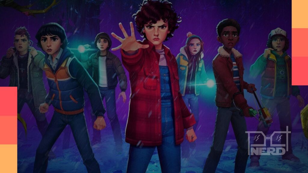 Personagens de Stranger Things enfrentando um mistério em 1985 em clima de inverno, com Hawkins ao fundoalt