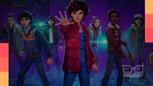 Personagens de Stranger Things enfrentando um mistério em 1985 em clima de inverno, com Hawkins ao fundoalt