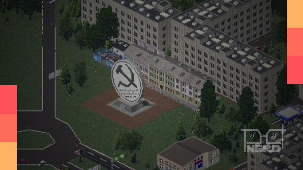 Cidade soviética inspirada na URSS recriada em TheoTown com prédios geométricos, escolas e áreas públicas