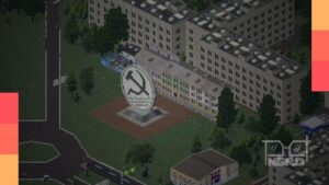 Cidade soviética inspirada na URSS recriada em TheoTown com prédios geométricos, escolas e áreas públicas