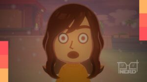 Ilustração de Miis sorridentes em Tomodachi Life: Living the Dream com um símbolo de alerta sobre compartilhamento de imagens