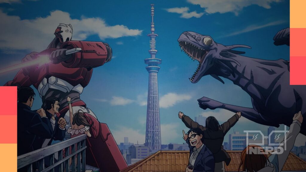 Ilustração com cinco ícones de animes de ficção científica que estreiam em abril de 2026