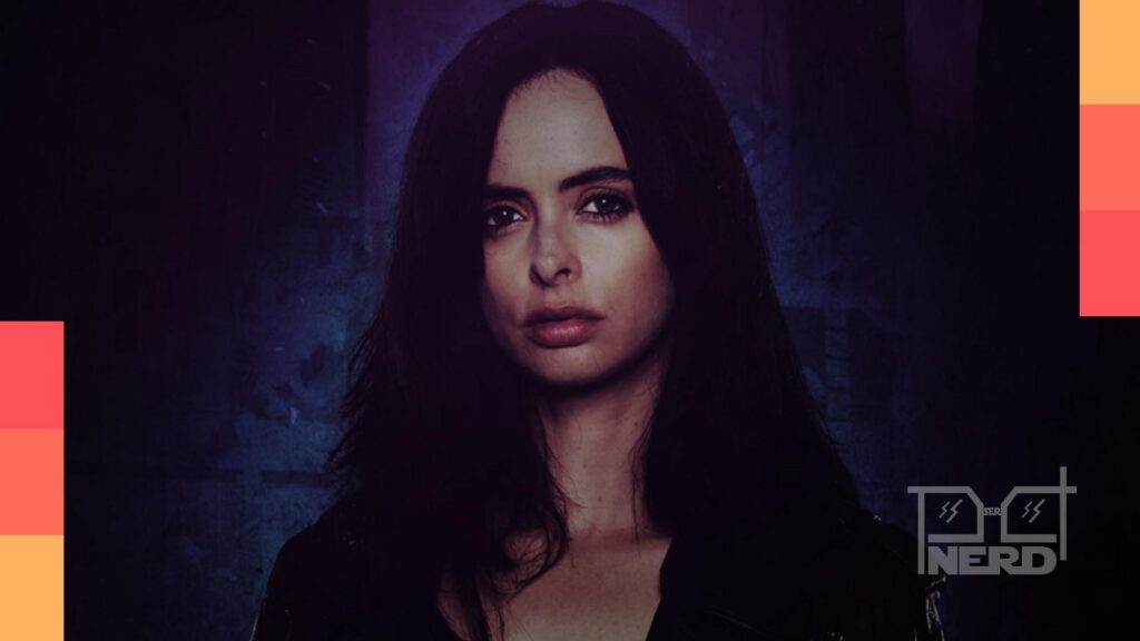 Krysten Ritter como Jessica Jones em destaque, com referência a Demolidoralt