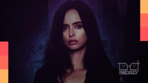 Krysten Ritter como Jessica Jones em destaque, com referência a Demolidoralt