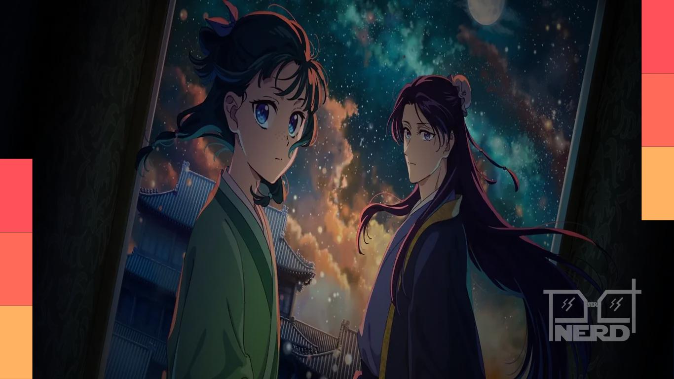Cartaz da light novel e imagem do anime de Diários de Uma Apotecária, com menção a atraso de lançamento no Brasil.