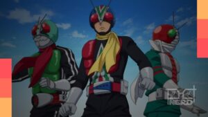 Ilustração com estilo de anime mostrando um Kamen Rider se transformando e fundo com símbolos da franquia