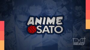 Ilustração com estilo geek destacando o canal Anime Sato e ícones de animes como Street Fighter e Devil May Cry