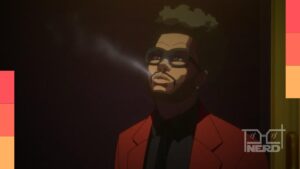 Palco distópico do The Weeknd com luzes frias e referências de anime e K-pop