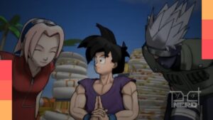 Cena do final do jogo Battle Stadium D.O.N. com personagens de Dragon Ball, Naruto e One Piece em um crossover caótico