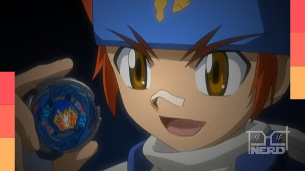 Cena de Beyblade Metal Fusion com Gingka e referências mitológicas de Hades e piões em batalha