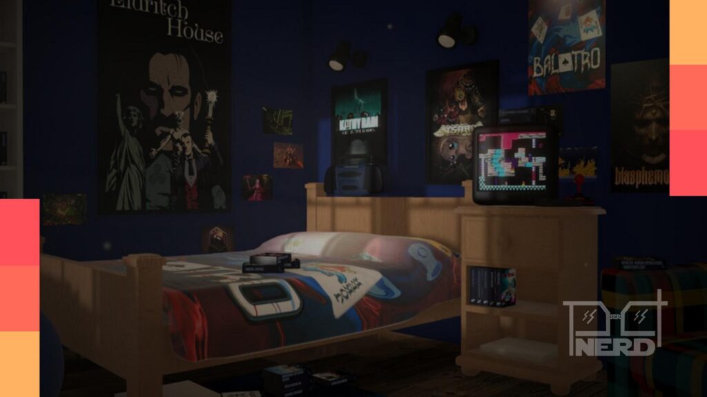 Jogos do Steam exibidos em prateleiras dentro do quarto 3D do BOXROOM