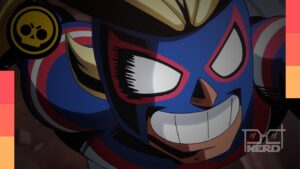Cartaz da colaboração Brawl Stars x My Hero Academia com All Might: El Primo e Uravity: Janet, destacando o desafio de 9 vitórias