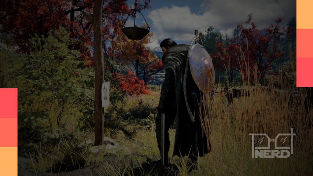 Ilustração do mundo aberto de Crimson Desert com destaque para a plataforma PS5