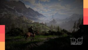 Jogador em mundo aberto de Crimson Desert olhando para uma região pacificada após inimigos terem sido eliminados