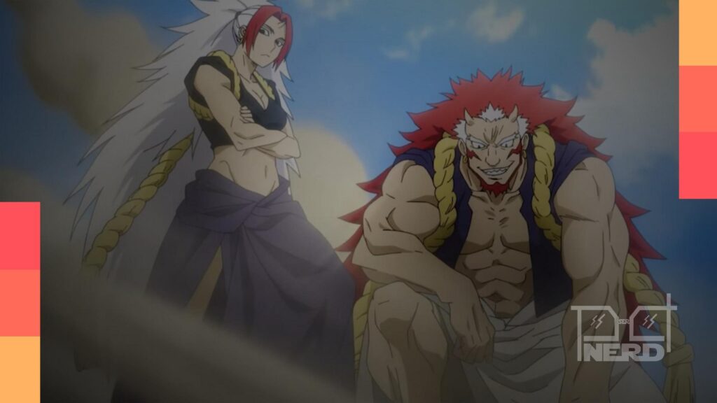 Cena de Daemons do Reino das Sombras com Yoru e Assa e criaturas sombrias em um vilarejo ameaçado.