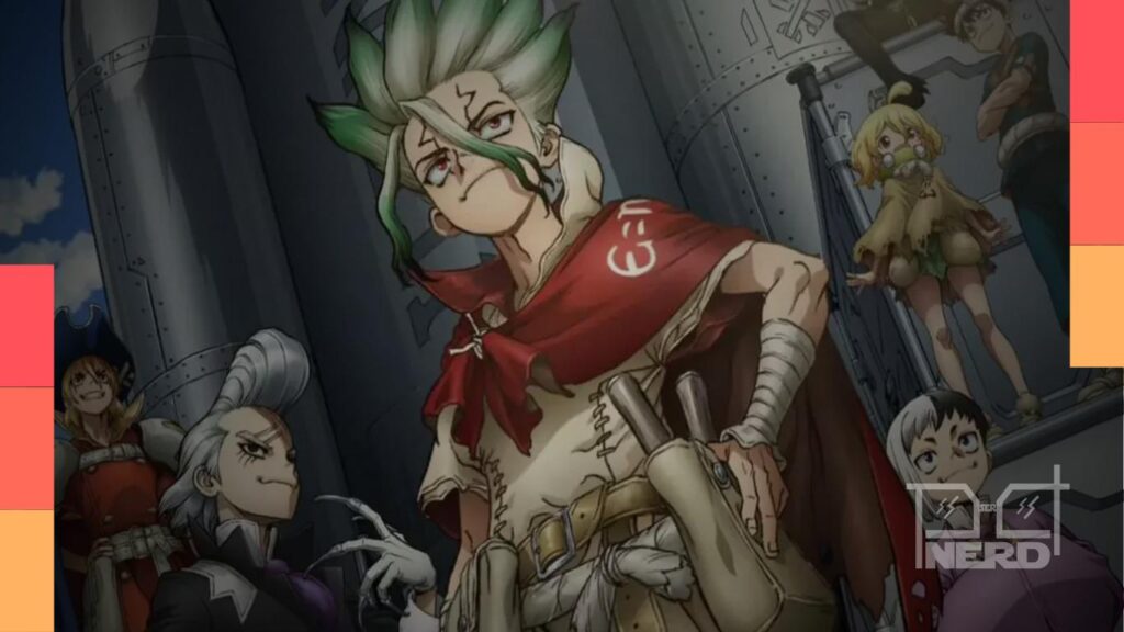 Ilustração estilo anime com elementos de ciência e uma lista de cinco animes como recomendação para quem sente saudade de Dr. STONE