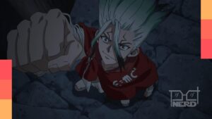 Imagem de capa da crítica da Parte 3 da 4ª temporada de Dr. Stone, com clima de ciência e suspense do Why-Man